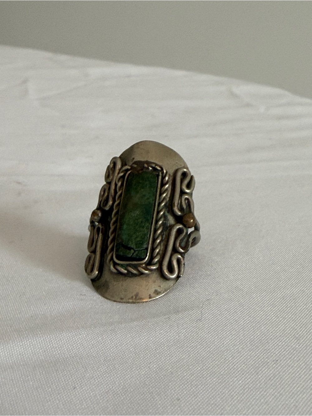 Silver-Tone Statement Ring with Green Stone
